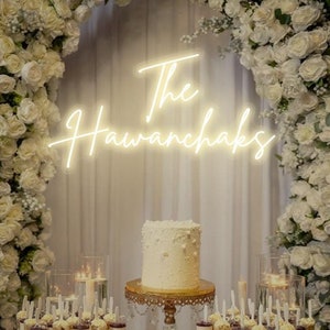 Placa de néon de casamento personalizada, decoração de néon de fundo de casamento vintage, placa de chá de panela, placa de néon de sobrenome, fundo de parede de grama, presente de noivado
