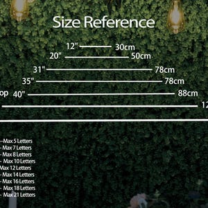 May include: A size reference chart with measurements in inches and centimeters. The chart includes lines indicating sizes from 12 inches (30cm) to 59 inches (150cm), with corresponding text indicating the maximum number of letters allowed for each size.