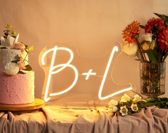 Custom Initials Neon with Stand, Wedding Initials Light, Minimalist Wedding Decor, Wedding Cake Table Sign, Newlywed Gift, Free Battery Pack