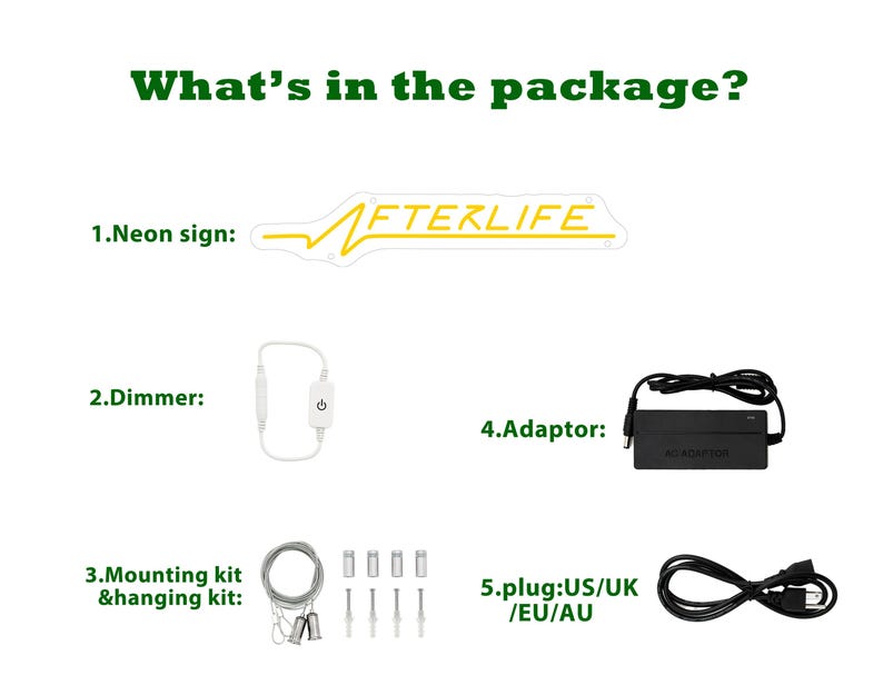 Op de afbeelding: Een neon-bord met de tekst "AFTERLIFE" in gele letters op een witte achtergrond. Het pakket bevat een dimmer, een montagekit, een adapter en een stekker.