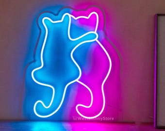 Custom Couple Cats Neon Sign, Neon Cat with Stand, Cute Cat Table Light, Cat Lover Gifts, Kid‘s’ Room Wall Light, Valentine's Day gift