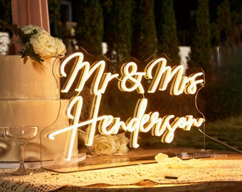 Custom Mr & Mrs Wedding Neon Sign, Neon Wedding Sign with Stand, Personalized Wedding Sign, Battery Powered Available, Wedding Table Decor
