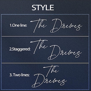 May include: A navy blue background with the word "STYLE" at the top. Below, three examples of the name "The Drewes" are displayed in white cursive script, each arranged differently: one line, staggered, and two lines.