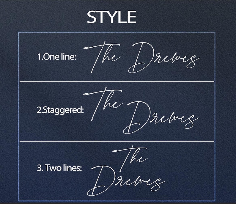 May include: A navy blue background with the word "STYLE" at the top. Below, three examples of the name "The Drewes" are displayed in white cursive script, each arranged differently: one line, staggered, and two lines.