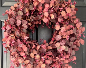 Corona de eucalipto burdeos de 60 cm, otoño, cosecha, decoración del hogar, acento decorativo