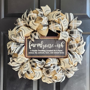 farmhouse-ish wreath, burlap farmhouse wreath, burlap wreath, burlap ribbon wreath, country wreath, farm wreath, everyday wreath, wreaths