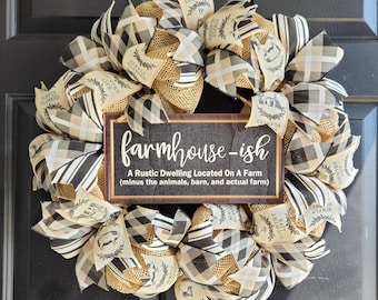 24" Farmhouse-ish Burlap Wreath, Farm Life, Country, Charming, Home Accent