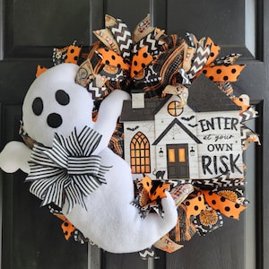 Halloween wreath, ghost wreath, haunted house wreath, fall wreath, plush ghost wreath, spooky wreath, Halloween decor, front door wreath