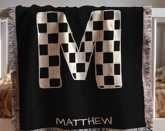 Personalized Rad Little Dude Checkerboard Initial Woven Cotton Blanket Nursery Decor Rock n Roll Skater Baby Gift Custom Name