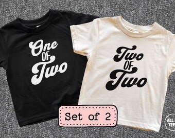 Matching Twin Shirts: Retro Font Bodysuits & Tees - "One of Two"