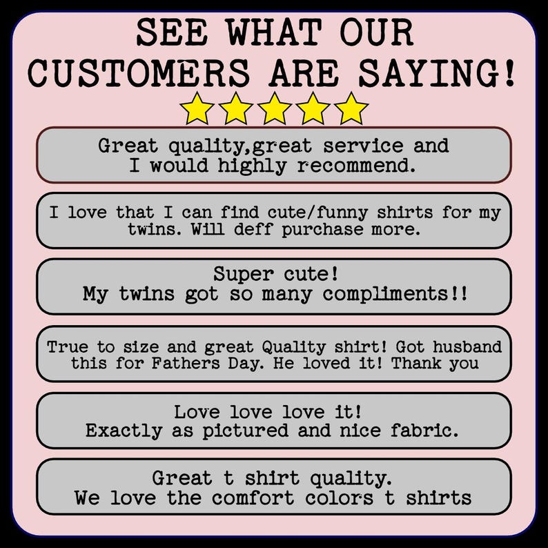 Peut inclure: Un fond rose avec le texte "SEE WHAT OUR CUSTOMERS ARE SAYING!" et des avis clients. Les avis sont dans des bo&icirc;tes grises et incluent des phrases comme "Great quality" et "Super cute!"