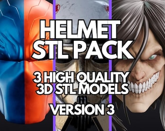 May include: Image of a helmet STL pack featuring three high-quality 3D STL models. The image showcases three different helmet designs, including a blue and orange helmet, a white helmet, and a titan-like face. Text on the image reads "HELMET STL PACK" and "VERSION 3".