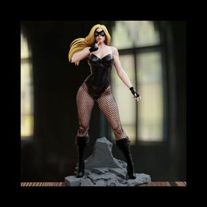 May include: A figurine of a female superhero with long blonde hair, wearing a black bodysuit, fishnet stockings, boots, and a mask. The figure is posed on a gray, rocky base.