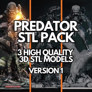 Könnte beinhalten: Werbebild für ein 3D-STL-Paket mit drei hochwertigen Modellen von Predator- und Alien-Charakteren. Der Text lautet "Predator STL Pack" und "3 High Quality 3D STL Models Version 1". Das Bild hat einen orangefarbenen Rahmen.