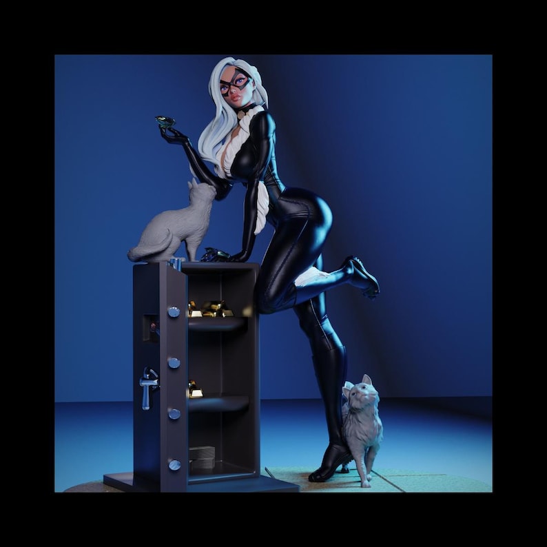 May include: A figurine of a woman in a black catsuit with white hair and a mask, leaning against a safe. Two gray cat figurines are present. The safe contains gold bars. The background is a gradient of blue.