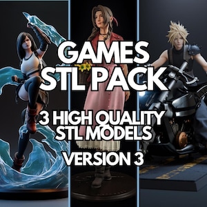 Puede incluir: Imagen promocional de un paquete STL de juegos, con tres modelos STL de alta calidad. Los modelos representan personajes de videojuegos, incluyendo una mujer con top blanco y falda negra, una mujer con vestido rosa y un hombre en motocicleta. El texto "GAMES STL PACK" y "3 HIGH QUALITY STL MODELS VERSION 3" se muestra.