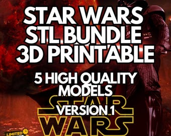 Könnte beinhalten: Eine digitale Illustration von Darth Vader aus Star Wars, vor einem roten und orangenen Hintergrund. Der Text "STAR WARS STL BUNDLE 3D PRINTABLE 5 HIGH QUALITY MODELS VERSION 1 WARS" ist über das Bild gelegt. Ein zeitlich begrenztes Angebot mit 50% Rabatt ist ebenfalls enthalten.