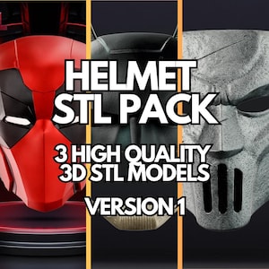 Pode incluir: Imagem promocional com três designs de capacete. Apresenta um capacete vermelho e preto, um capacete cinza escuro e um capacete cinza claro. O texto diz "Helmet STL Pack" e "3 High Quality 3D STL Models Version 1."