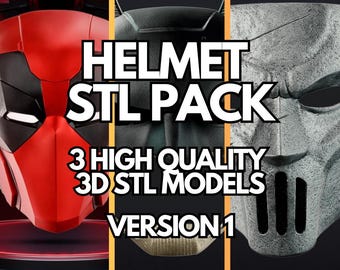 May include: A composite image featuring three different helmet designs. The helmets are red and black, dark gray, and light gray. Text reads "Helmet STL Pack" and "3 High Quality 3D STL Models Version 1."