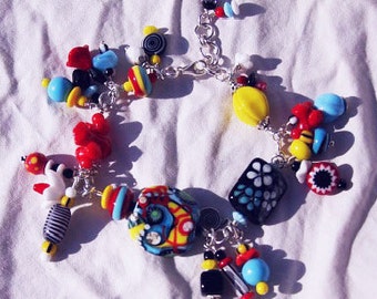 Extra long COLORFUL OOAK BRACELET, Sterling, Adjustable, Vintage beads, Lampwork, Wire-wrapped