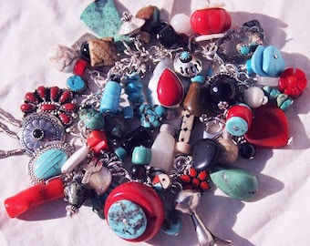 Native American TREASURE BRACELET, OOAK, Cha-Cha Charm Bracelet, Handmade, Sterling Silver, genuine gemstones