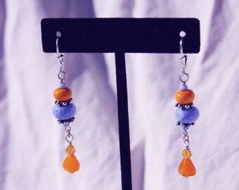 Handmade PERIWINKLE & SQUASH YeLLow EARRINGS, Sterling, Dangle, wire wrapped, leaver back, Karen Hill Tribe Silver