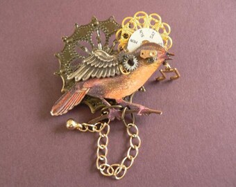 SOLD  I Know Why the Caged Bird Sings STEAMPUNK ASSEMBLAGE Brooch Pin