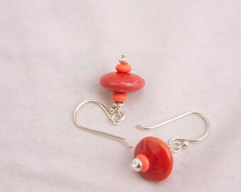 Coral lampwork dangle earrings  Sterling Silver 925