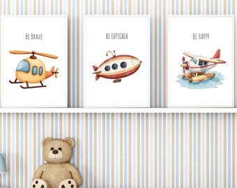 Vehicle Nursery Wall Art, Set of 3, Boy Nursery Wall Art, Printable Transportation Nursery Decor, Airplane Prints, Air Vehicle Nursery Art