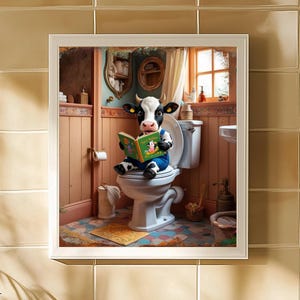 Funny Bathroom Wall Art, Cute Cow Reading on Toilet, Rustic Farmhouse Print, Bathroom Decor, Toilet Humor Print, Funny Animal Bathroom Art