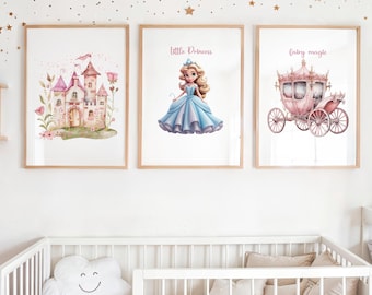 Princess Nursery Wall Art, Set of 3, Pink Fairy Decor, Girl Room Print, Nursery Princess, Baby Girl Poster, Digital Nursery Art, Digital Art