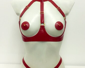 Lady Lucie Latex Zena Cupless Harness Bra With Neck Cuff