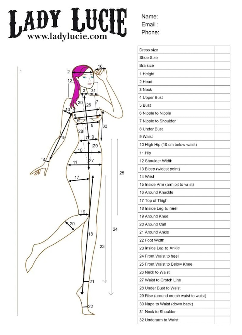 Op de afbeelding: Een lijntekening van een vrouwelijke figuur met genummerde metingen voor verschillende lichaamsdelen, waaronder lengte, borstomvang, taille, heupen en beenlengte. De afbeelding is gelabeld met "Lady Lucie" en bevat een website-adres.