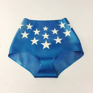 May include: Blue underwear with a white star pattern. The high-waisted underwear is made of a shiny material. The stars are evenly spaced across the front of the underwear.