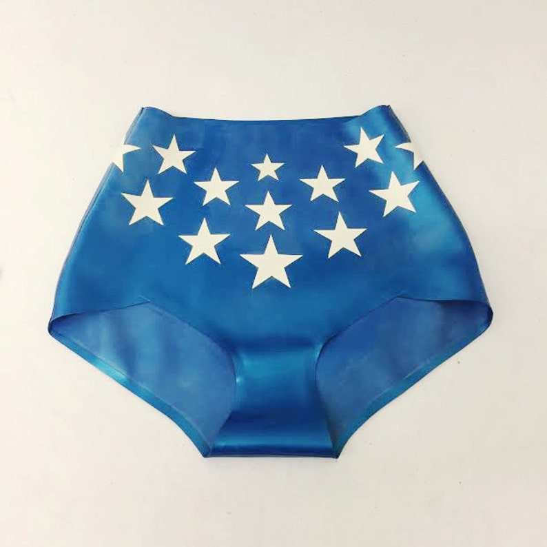 May include: Blue underwear with a white star pattern. The high-waisted underwear is made of a shiny material. The stars are evenly spaced across the front of the underwear.
