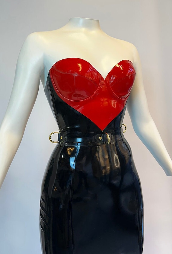 strapless open back dress ELLA STRAPLESS HEART EMBELLISHED LEATHER MINI DRESS IN RED  Bella Galvan