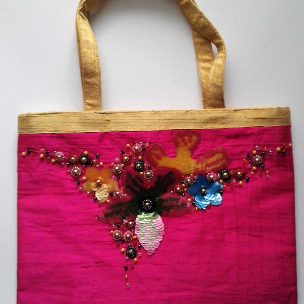 New Handmade Dupioni Silk Purse. Magenta and Ocher, beads & sequin sewn into birds and flowers.