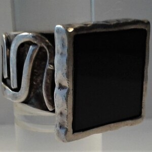 Handmade Bold Silver Ring with Black Onyx Stone. 1970&#39;s New York Studio 54 Style. Size 9 1/4.