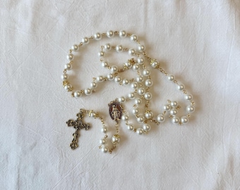Pearl Bead Rosary, Catholic Prayer Beads Handmade, First Communion Confirmation Gift, Miraculous Medal