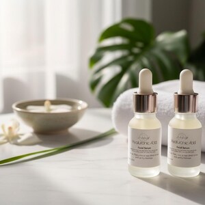 May include: Two clear glass bottles of facial serum with white labels and gold-colored droppers. The bottles are on a white surface, next to a white towel, a small bowl with a candle, and a green leaf. The serum is labeled "Hyaluronic Acid".