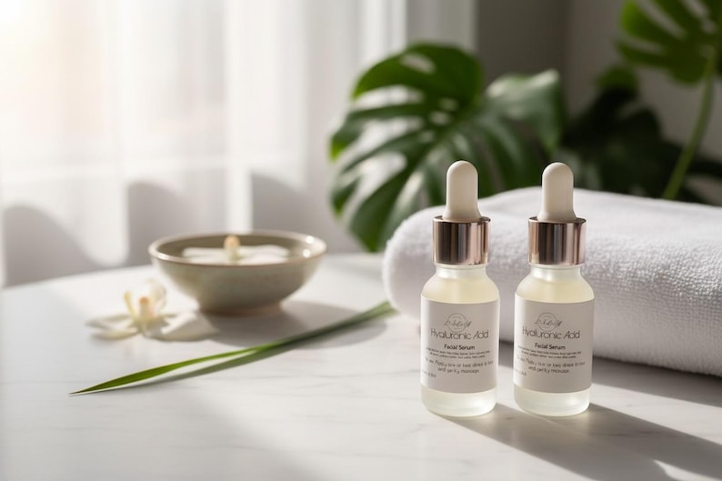 May include: Two clear glass bottles of facial serum with white labels and gold-colored droppers. The bottles are on a white surface, next to a white towel, a small bowl with a candle, and a green leaf. The serum is labeled "Hyaluronic Acid".