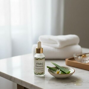 May include: A clear glass bottle with a gold dropper cap, labeled "E AndreG Hyaluronic Acid". Beside it, a small bowl with aloe vera leaves and a daisy. White towels are stacked in the background.