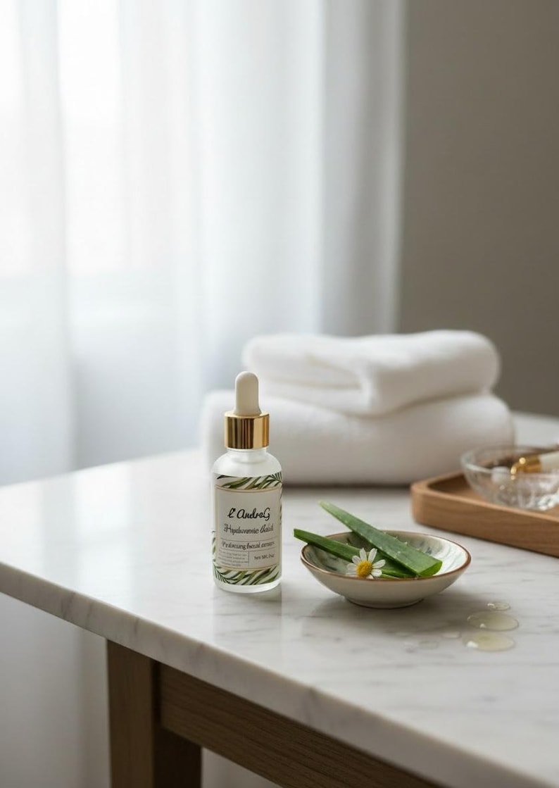 May include: A clear glass bottle with a gold dropper cap, labeled "E AndreG Hyaluronic Acid". Beside it, a small bowl with aloe vera leaves and a daisy. White towels are stacked in the background.