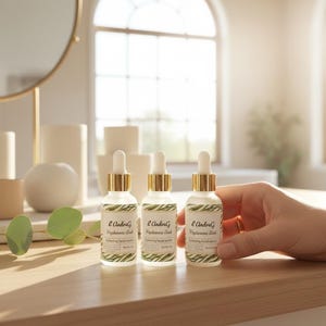 May include: Three white glass bottles with gold-colored droppers are arranged on a wooden surface. Each bottle has a label with text and a green leaf design. A hand is holding one of the bottles. The bottles are for a hydrating facial serum.