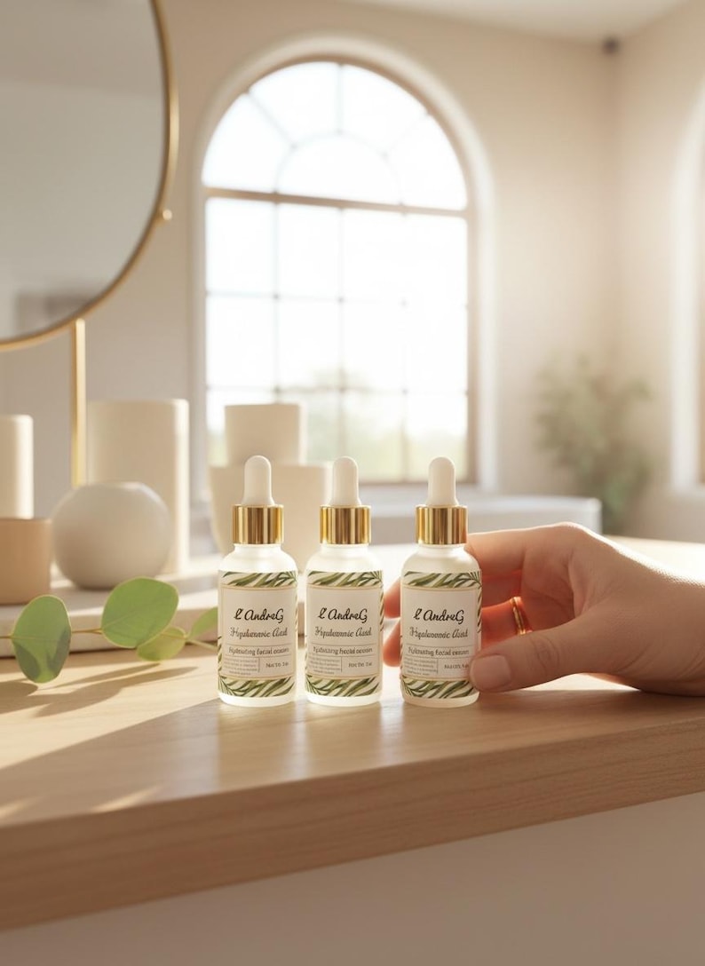 May include: Three white glass bottles with gold-colored droppers are arranged on a wooden surface. Each bottle has a label with text and a green leaf design. A hand is holding one of the bottles. The bottles are for a hydrating facial serum.