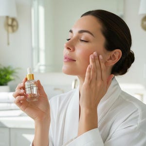 May include: A woman in a white robe applies skincare serum from a small glass bottle with a gold cap. The bottle contains visible floral elements. The woman's eyes are closed as she gently massages her face. The setting is a well-lit bathroom.