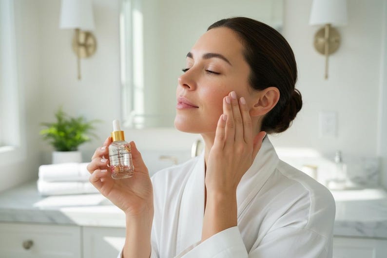 May include: A woman in a white robe applies skincare serum from a small glass bottle with a gold cap. The bottle contains visible floral elements. The woman's eyes are closed as she gently massages her face. The setting is a well-lit bathroom.