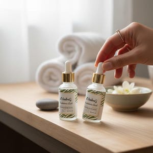 May include: Two clear glass bottles with gold-colored tops and white droppers. Each bottle has a label with text and a leaf design. The bottles are on a wooden surface, with rolled white towels in the background.