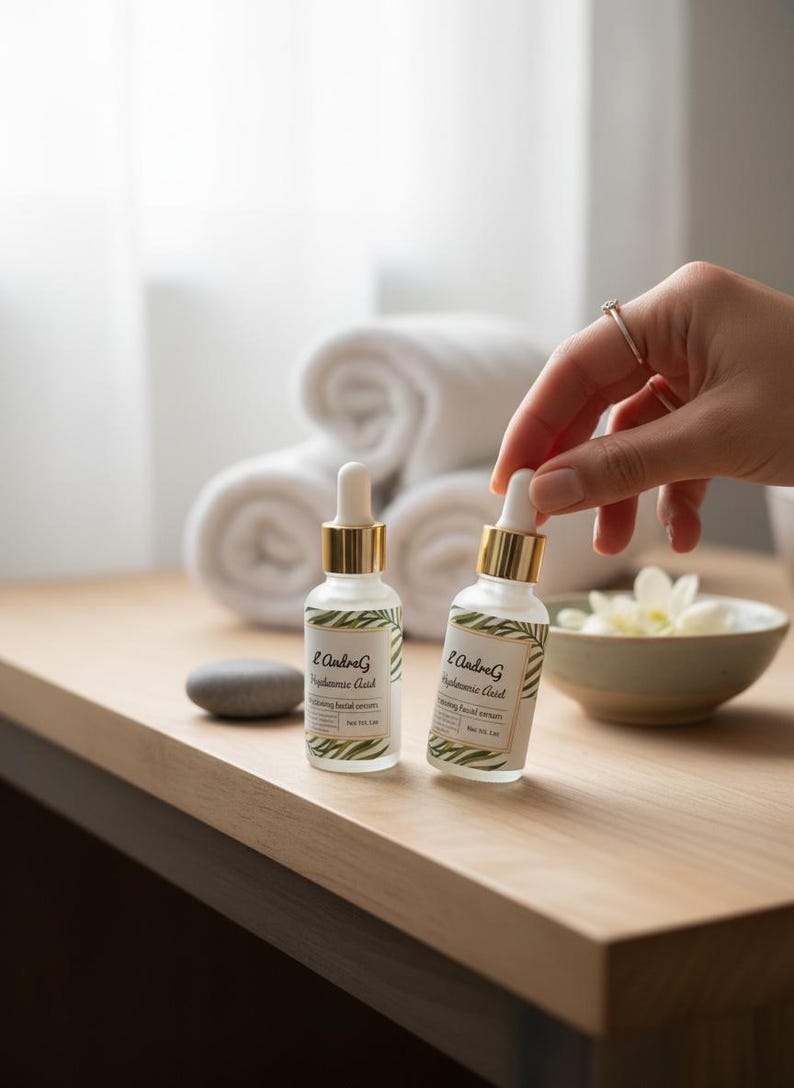 May include: Two clear glass bottles with gold-colored tops and white droppers. Each bottle has a label with text and a leaf design. The bottles are on a wooden surface, with rolled white towels in the background.