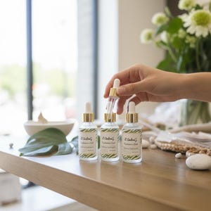 May include: Three clear glass bottles with gold-colored droppers and lids are arranged on a wooden table. Each bottle has a white label with green leaf designs and the text "E. AndreG Hyaluronic Acid". A hand holds one dropper.